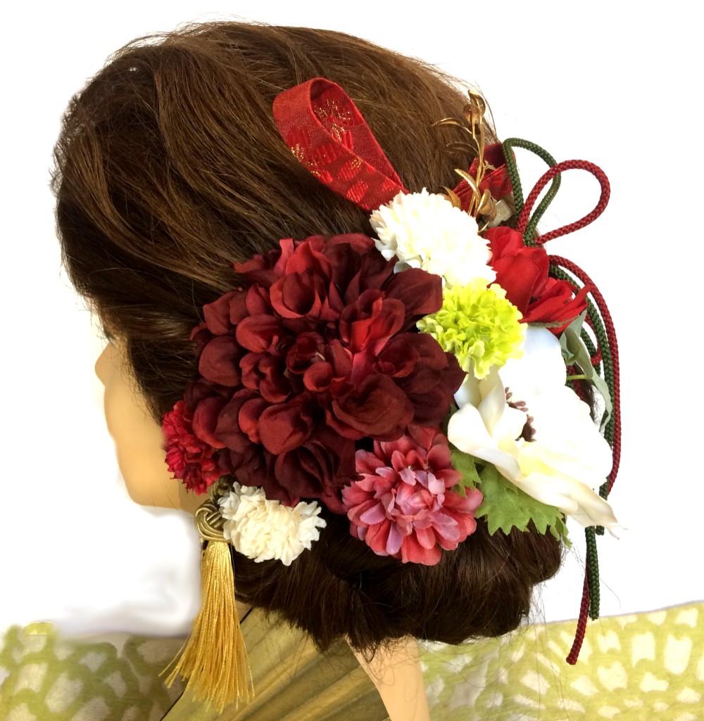 上品豪華選べるタッセル付き ダリア と アネモネ 髪飾り ～ 結婚式 成人式 着物 和