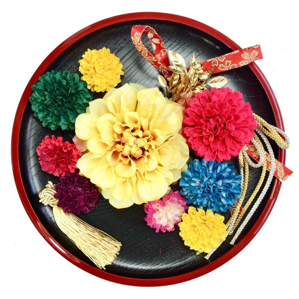 イエロー ダリア と ビビットマムの 髪飾り 選べる タッセル とおまけの リボン 流装 にも 結婚式　成人式　琉球衣装