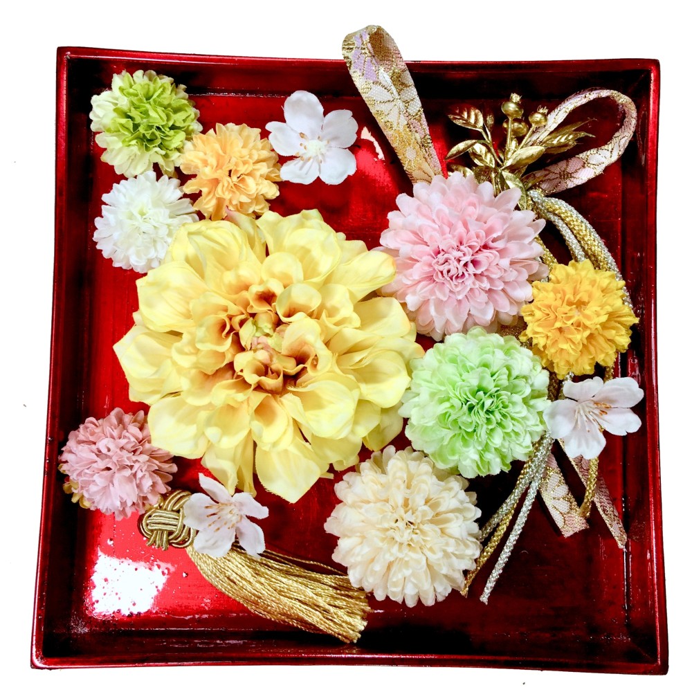 イエローダリアとお花爛漫 髪飾り　選べる タッセル オマケの リボン　結婚式　成人式　着物　桜　春