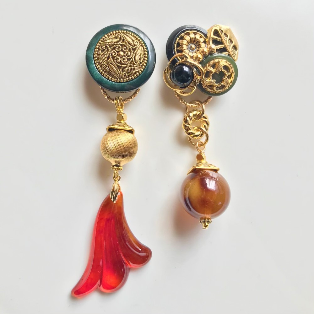 ヴィンテージボタン ピアス/イヤリング 2way大ぶり Khaki×Brown×Gold