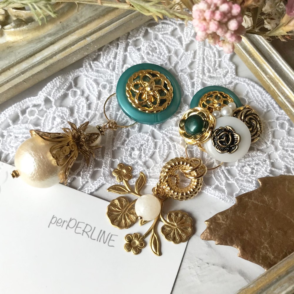 ラタン　ネイビー　ボタン　ピアス　イヤリング　リボン　ヴィンテージ　大ぶり　花 ラタン ネイビー ボタン ピアス イヤリング リボン ヴィンテージ