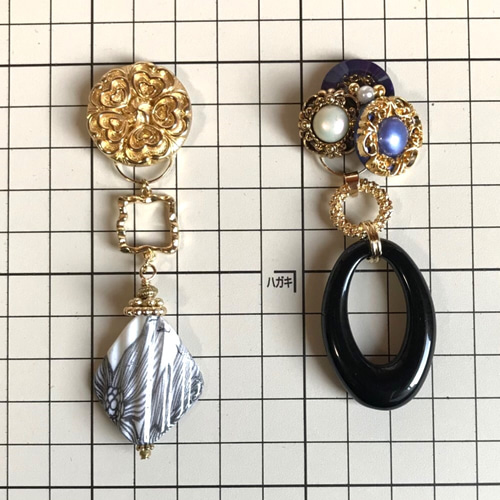 ヴィンテージボタン ピアス/イヤリング 2way大ぶり Purple×White×Gold