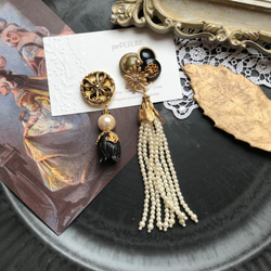 ヴィンテージボタン ピアス/イヤリング 2way大ぶり Khaki×Black×Gold