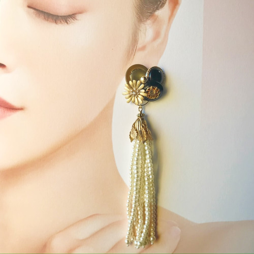 ヴィンテージボタン ピアス/イヤリング 2way大ぶり Khaki×Black×Gold