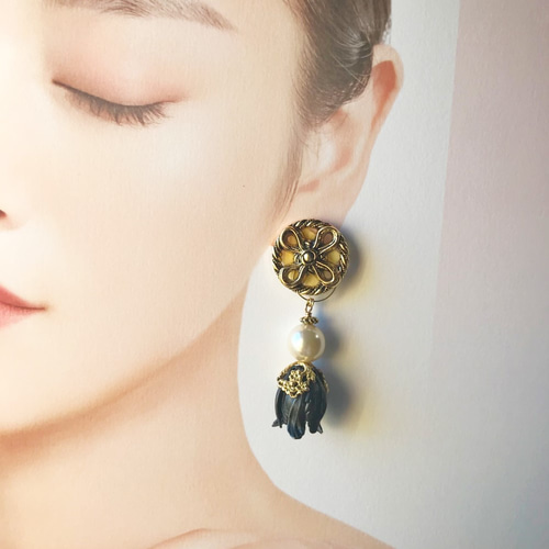 ヴィンテージボタン ピアス/イヤリング 2way大ぶり Khaki×Black×Gold