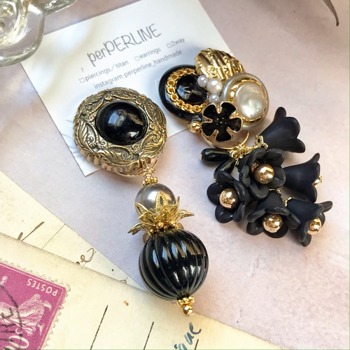 ヴィンテージボタン ピアス/イヤリング 2way大ぶり Black×Gray×Gold 