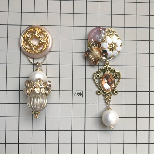 ヴィンテージボタン ピアス/イヤリング 2way大ぶり Pink×White