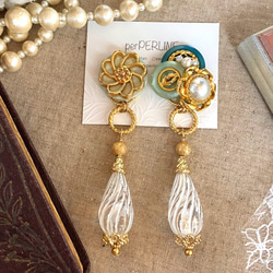 ヴィンテージボタン ピアス/イヤリング 2way大ぶり Green×White×Gold