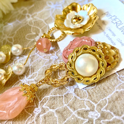 ヴィンテージボタン 2wayピアス/イヤリング  大ぶり Gold×Pearl×Pink 3枚目の画像