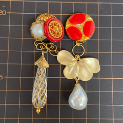 【★SALE★】ヴィンテージボタン 2wayピアス/イヤリング  Gold×Red×Pearl 6枚目の画像