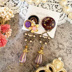 ヴィンテージボタン ピアス/イヤリング 2way大ぶり Brown×Black×Gold