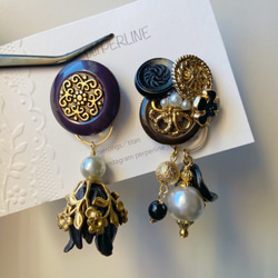 ヴィンテージボタン 2wayピアス/イヤリング 大ぶり Darkpurple×Black