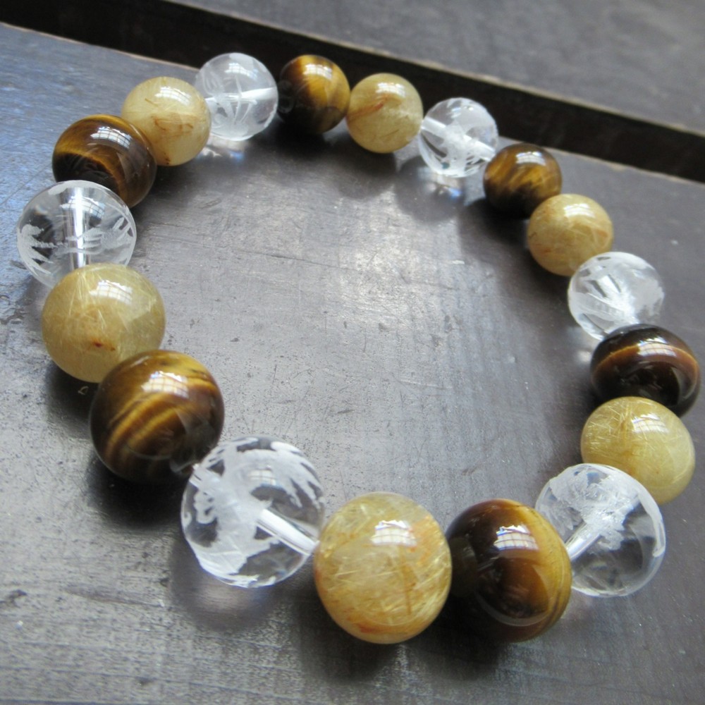 12ミリ玉　龍彫水晶ｘルチルクォーツｘタイガーアイブレスレット　天然石