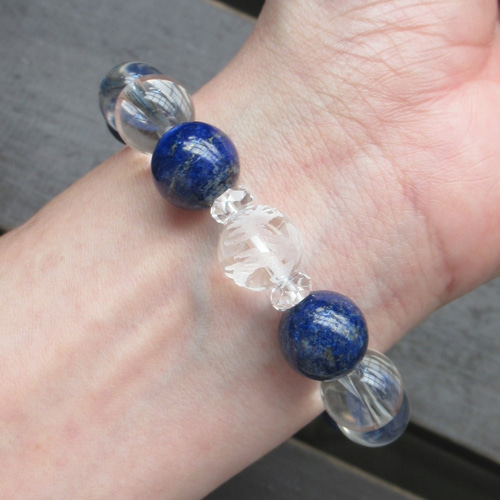龍彫水晶xラピスラズリx水晶ブレスレット 天然石 ブレスレット