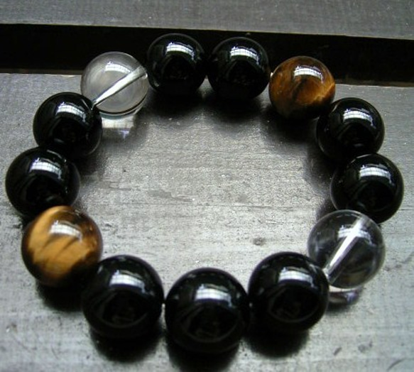 16ミリ玉 オニキスxタイガーアイx水晶ブレスレット 天然石