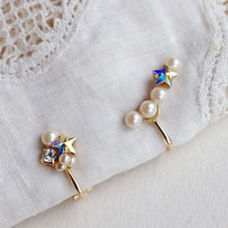 復古風珍珠和星星造型夾式耳環 第1張的照片