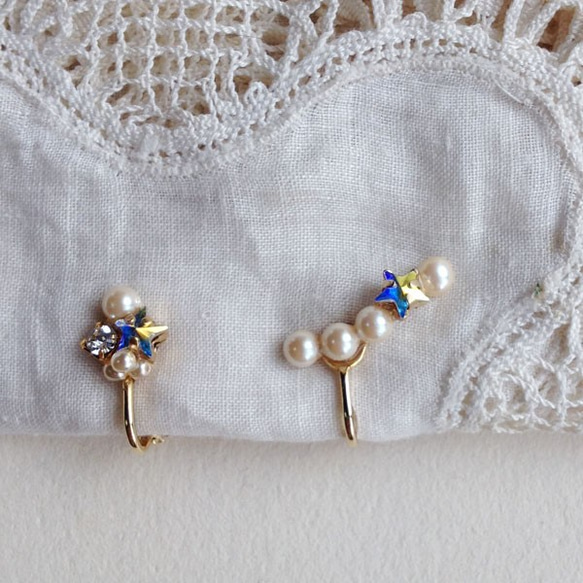 復古風珍珠和星星造型夾式耳環 第2張的照片