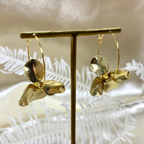 結婚式 ゴールドフラワーフープピアス 大ぶりゴールド フラワー フープ  