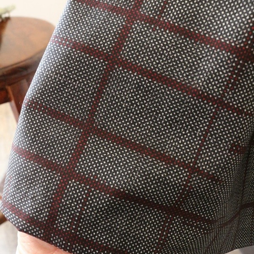 着物リメイク 赤格子柄大島紬後ろ切替スタンドカラーワンピース