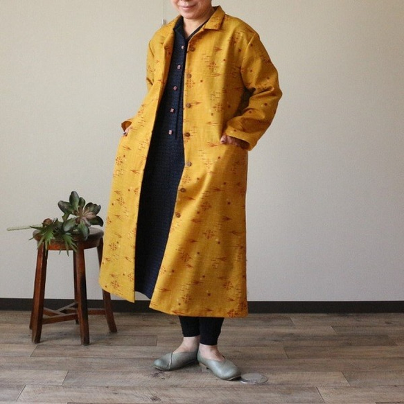 着物リメイク 琉球燕山吹色オープンカラーコート コート ウサギ洋裁店