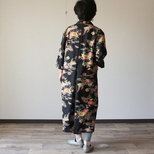 着物リメイク 流水に花柄琉球紅型オープンカラーワンピース ワンピース