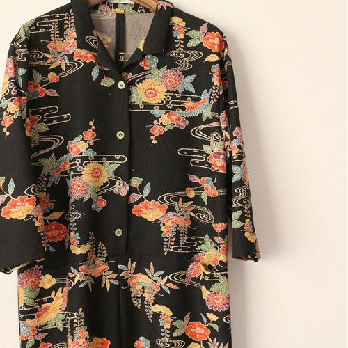 着物リメイク 流水に花柄琉球紅型オープンカラーワンピース ワンピース