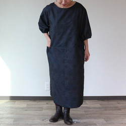 着物リメイク☆420大島紬脇タックワンピース／サイズ L 着物リメイク脇タックワンピース 紬 着物リメイク】紬のふんわり