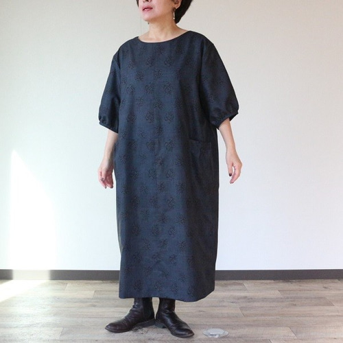 着物リメイク☆422大島紬脇タックワンピース／サイズ L～LL 着物リメイク☆422大島紬脇タックワンピース／サイズ L～LL