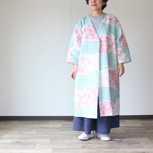 着物リメイク 流水に秋草花麻V衿コート スプリングコート