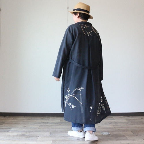着物リメイク398 コート 13291】 着物リメイク 男物着物 ロングコート シンプル 緑系