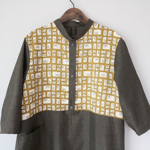 着物リメイク ブロック模様と亀甲泥大島紬合せスタンドカラーA