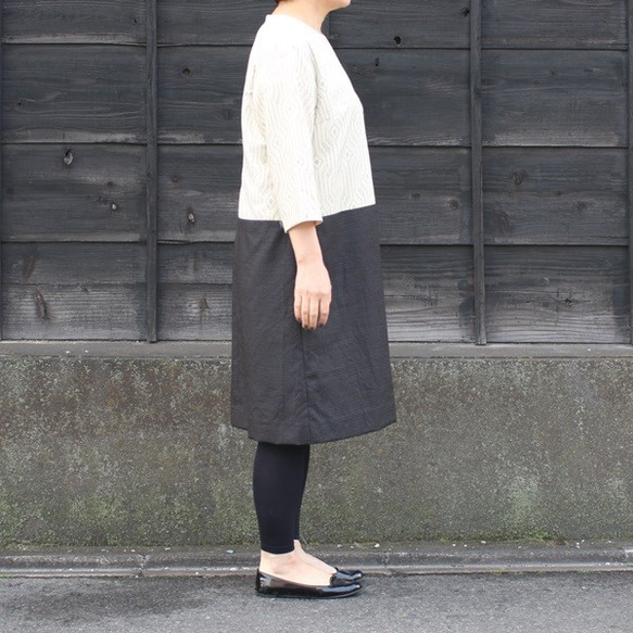 着物リメイク　白紬と大島紬のＡラインワンピース 2枚目の画像