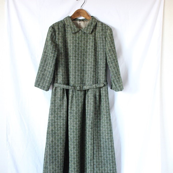 着物リメイク　松葉緑の大島紬ローウエストワンピース 5枚目の画像
