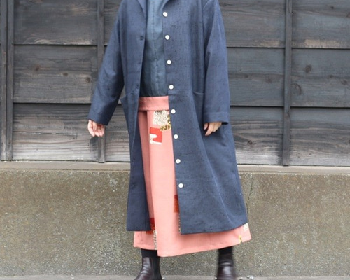 着物リメイク 藍縦縞紬オープンカラーコート コート ウサギ洋裁店 通販