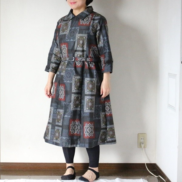着物リメイク 枡に花紋大島紬ベルト付きワンピース ワンピース ウサギ  
