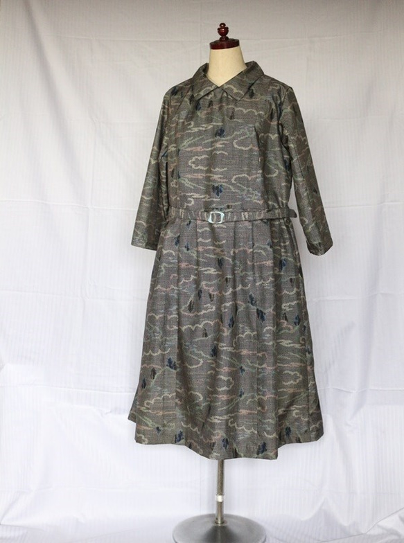 着物リメイク パステル雲に樹木大島紬ベルト付きワンピース ワンピース  