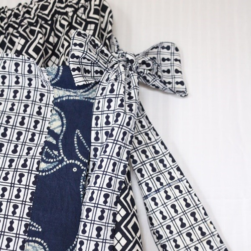 浴衣　反物　リメイク　セットアップ　トップス　パンツ 浴衣リメイクセットアップ/ブラウス&ワイドパンツ・紺地に白花