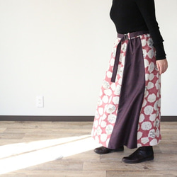 着物リメイク　丸窓に梅松風景柄と大島紬合せフレアスカート 3枚目の画像