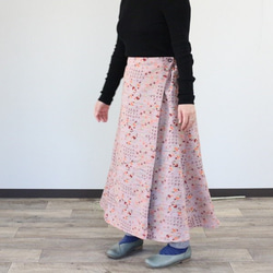 着物リメイク　ピンク小花ウールと大島紬合せリバーシブルスカート 4枚目の画像