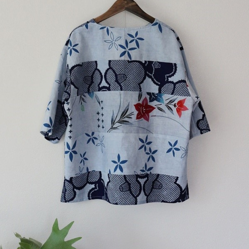 xiang様ご予約品 ☆浴衣リメイク☆ シャツブラウス(ネイビー