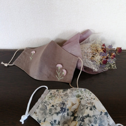 お洒落刺繍マスク　ベルギーリネン　　(矢車草) 2枚目の画像