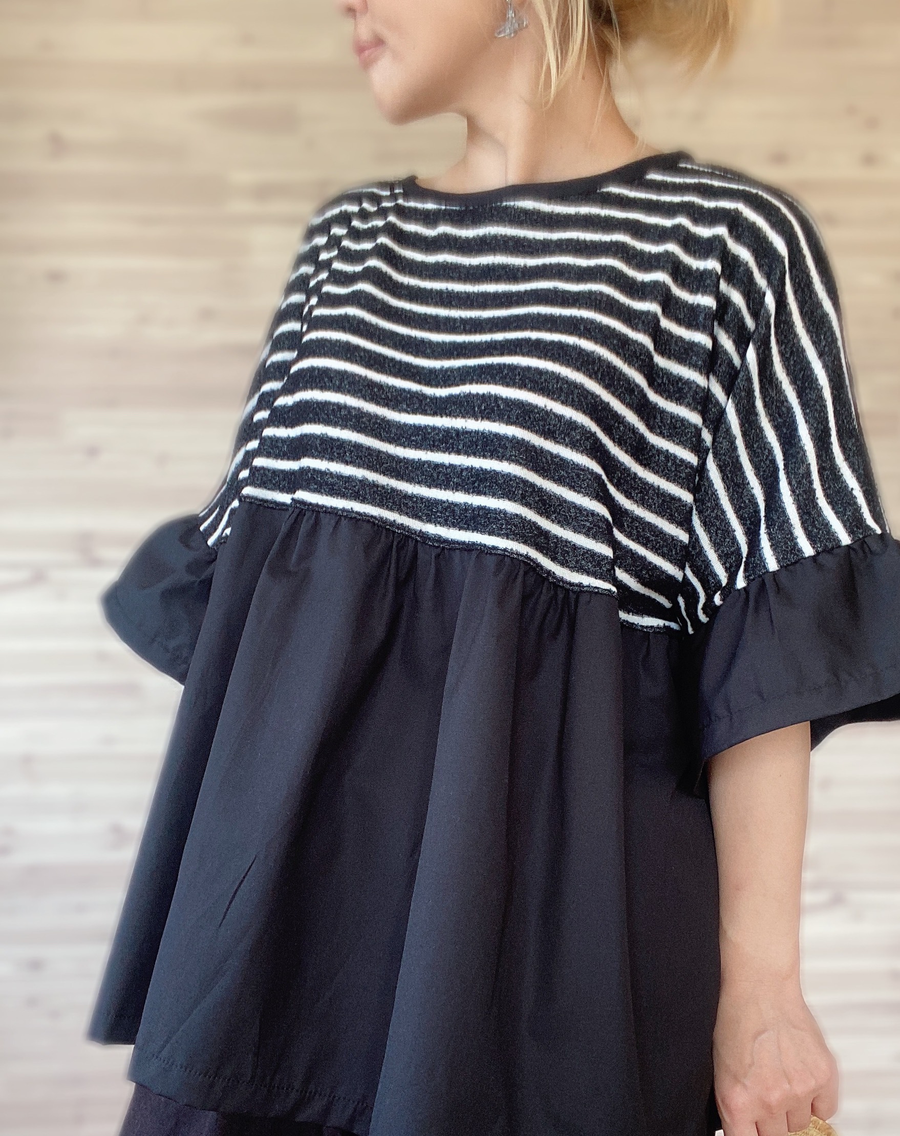 a.myu ふんわり♪涼しいティアードはブラウス　異素材ミックス