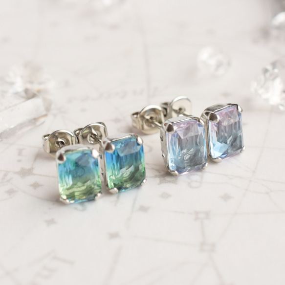 octagon glass jewel【blue＆green】 ステンレスピアス / イヤリング変更可 2枚目の画像