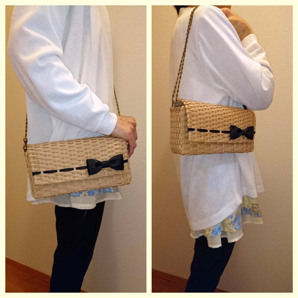 【受注制作】大人可愛いリボンのショルダーかごバッグ 2枚目の画像