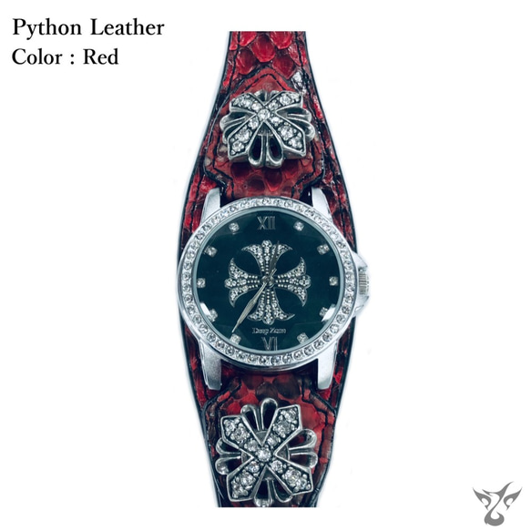 本革(蛇革) パイソンパイソンレザー ブレスウォッチ メンズ 腕時計 (レッド) 4枚目の画像