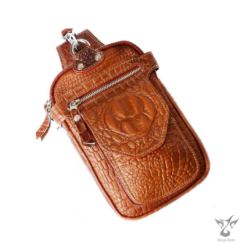 本革 (牛革) ヒップバッグ ベルトポーチ クロコダイル型押し (ブラウン  