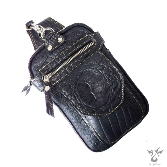 本革 (牛革) ヒップバッグ ベルトポーチ クロコダイル型押し (ブラック  