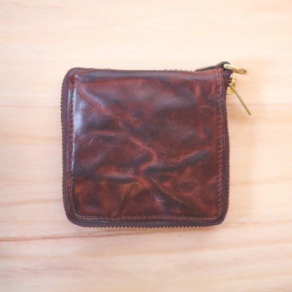 本革 牛革 折り財布 ショートウォレット ラウンドファスナー ビンテージ加工 小さい財布 (ブラウン) 5枚目の画像