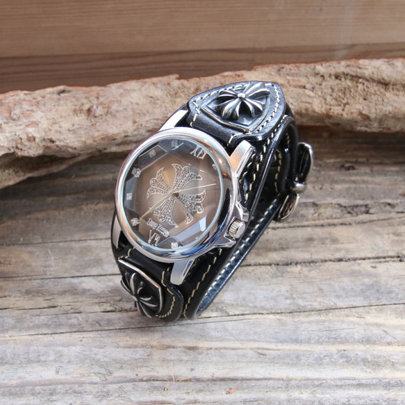 本革 メンズ 腕時計 レザー ブレスウォッチ イタリアンレザー (ブラック) 2枚目の画像