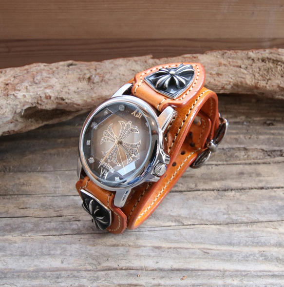 本革 メンズ 腕時計 レザー ブレスウォッチ イタリアンレザー (キャメル) 2枚目の画像